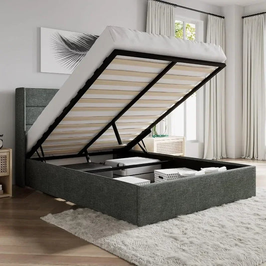 Queen Size Lift Up Storage Bed  Frame,Modern Wingback Headboard,Upholstered Platform,Hydraulic Storage/No Box Spring Needed