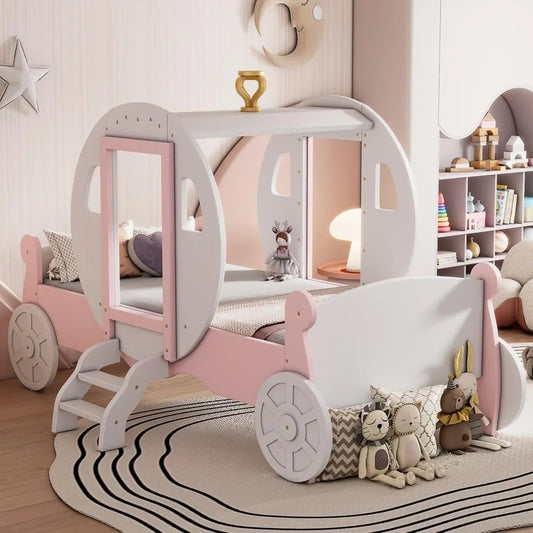 Marco de cama tipo carruaje de princesa de tamaño doble para niños, niñas y niños pequeños con corona, plataforma de madera, cama tipo carruaje con escalera, muebles para niños