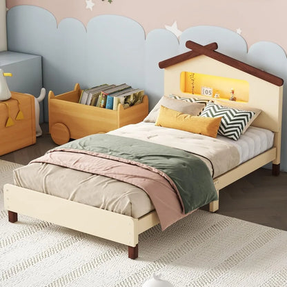 Marco de cama para niños de madera color crema, tamaño doble, cabecero en forma de casa con luces nocturnas activadas por movimiento, capacidad de 200 lb, marco de cama para niños