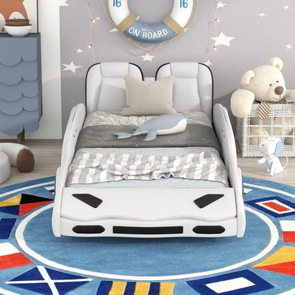 Cama de coche para niños de tamaño doble, plataforma con forma de coche de carreras, estructura de madera con ruedas y ambos lados, soporte de listones, muebles de juguete para niños