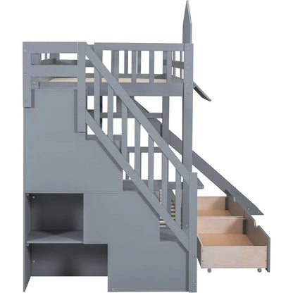 Lit superposé Twin Over Twin avec escalier et toboggan, cadre de lit superposé en bois massif avec tiroirs de rangement et étagère, lit superposé pour enfants