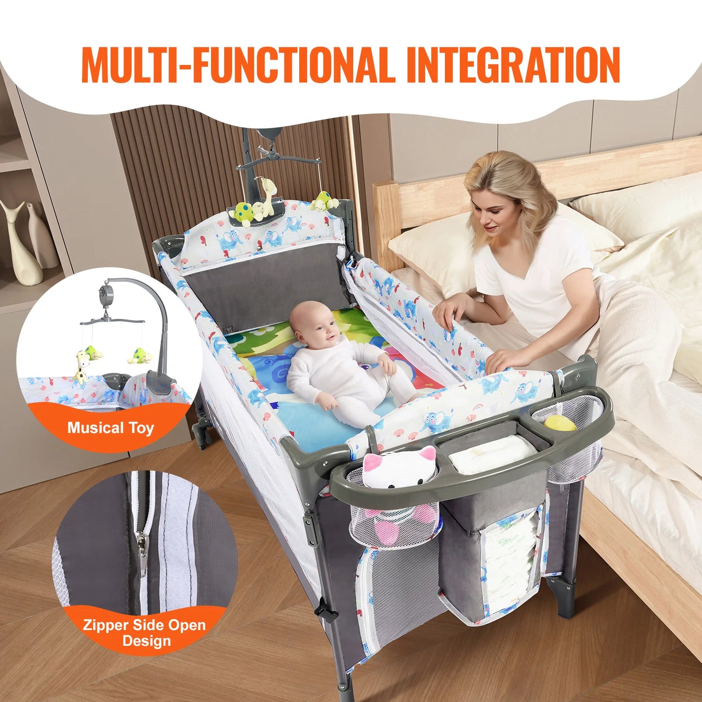 Berceau pour bébé VEVOR Capacité de charge de 77 livres Berceau portable pour bébé facile à plier Lit de chevet avec panier de rangement et roulettes