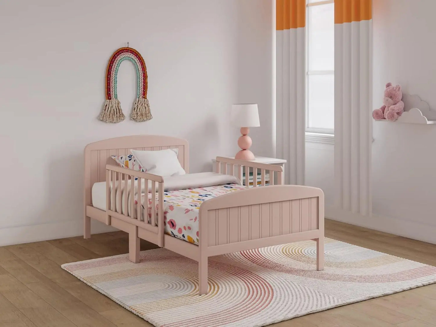 Cama para niños pequeños, cama de transición de diseño moderno de madera maciza para niños con barandillas para dormitorio infantil con 2 protectores de seguridad, de baja a granel