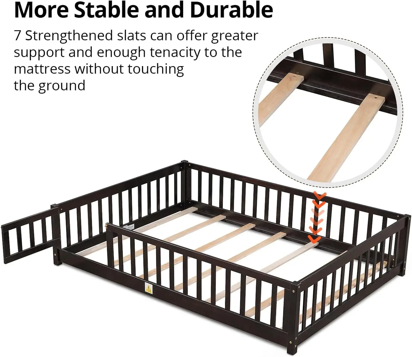 Cama de piso doble para niños, estructura de cama Montessori de madera resistente con listones de madera, valla y puerta, cama de piso Montessori para niñas y niños