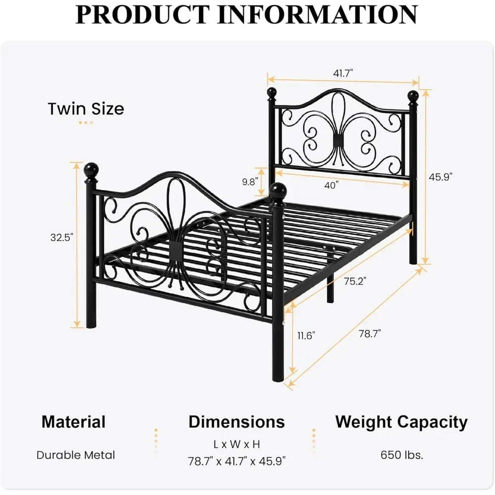 Marco de cama de tamaño doble para niños, marco de cama de metal con cabecera y pie de cama con diseño de patrón de mariposas, no necesita somier