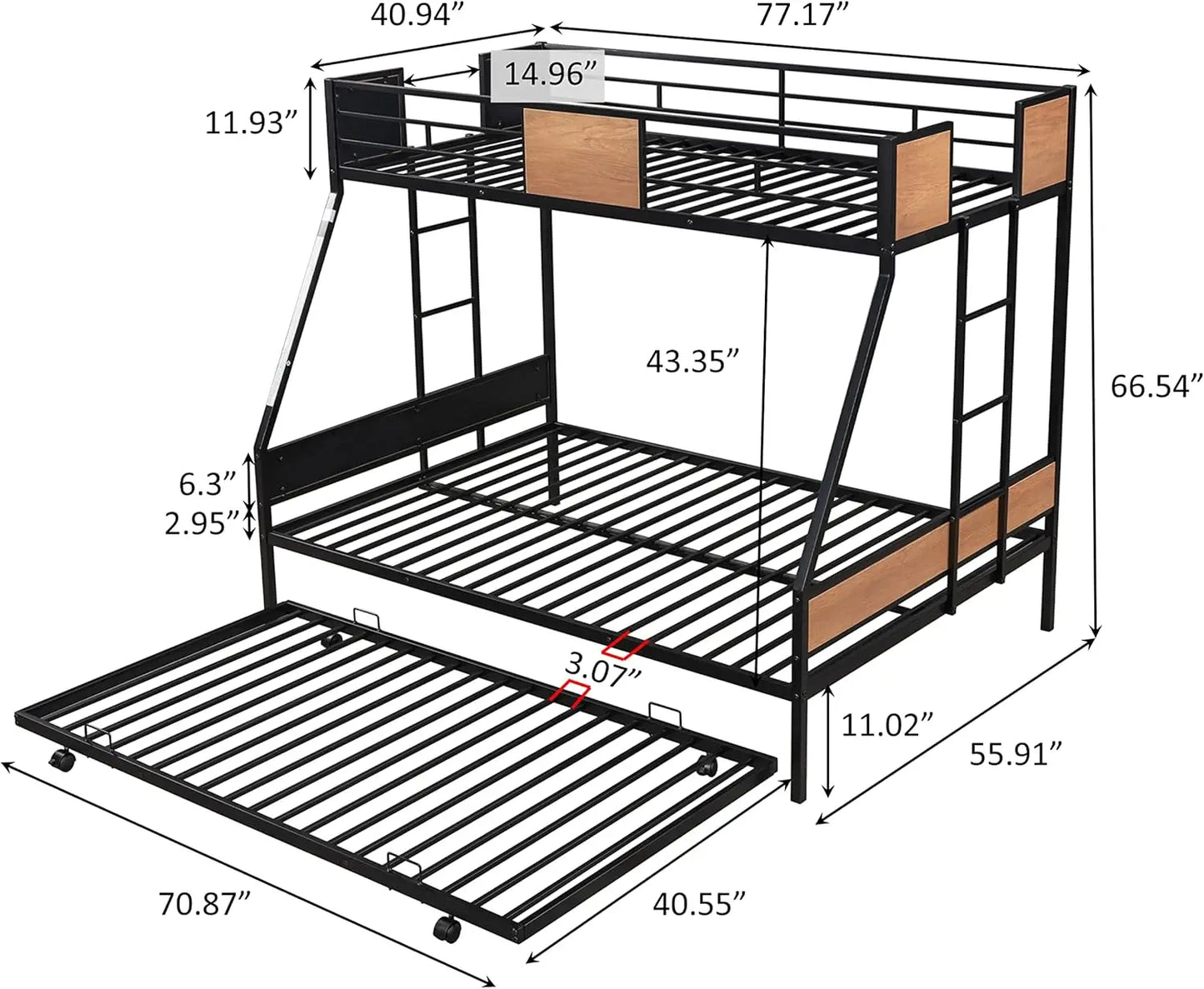 Lits superposés jumeaux avec lit gigogne, cadre de lit en métal robuste avec barrière de sécurité, 2 échelles latérales pour garçons, filles et adultes