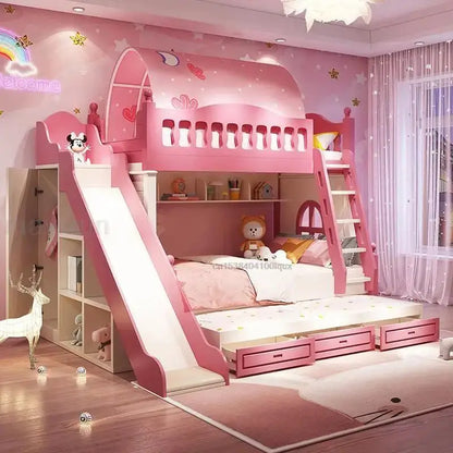 Lit mezzanine avec tiroirs Meubles créatifs et charmants à deux étages roses pour filles de 5 à 8 ans Lits pour enfants à la mode en solde