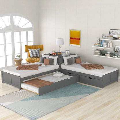 L-Shaped Platform Bed With Trundle And Drawers Linked With Built-In Desk, Wood Corner Bed With 3 Twin Beds For Kids Girls Boys