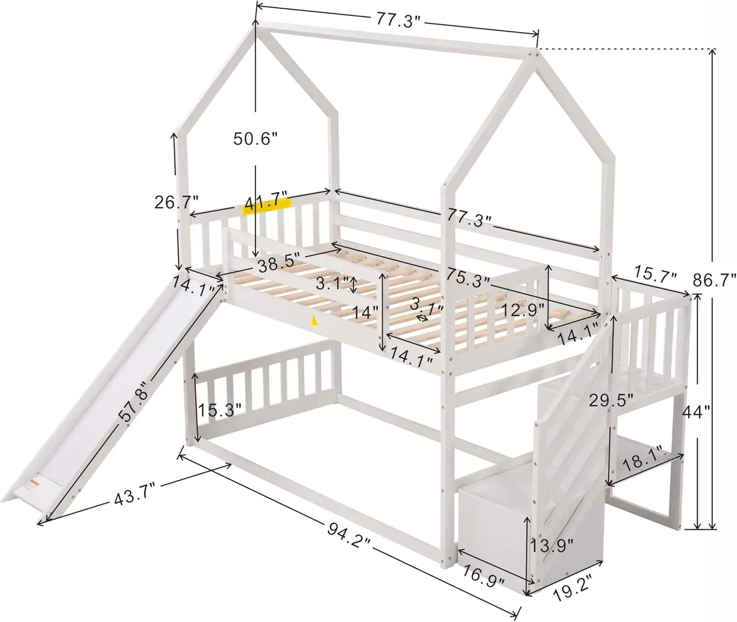 Lit superposé simple avec toboggan et escalier Lit superposé Low House pour enfants et adolescents, pas besoin de sommier