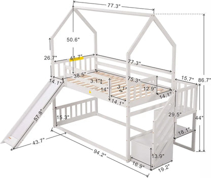 Lit superposé simple avec toboggan et escalier Lit superposé Low House pour enfants et adolescents, pas besoin de sommier