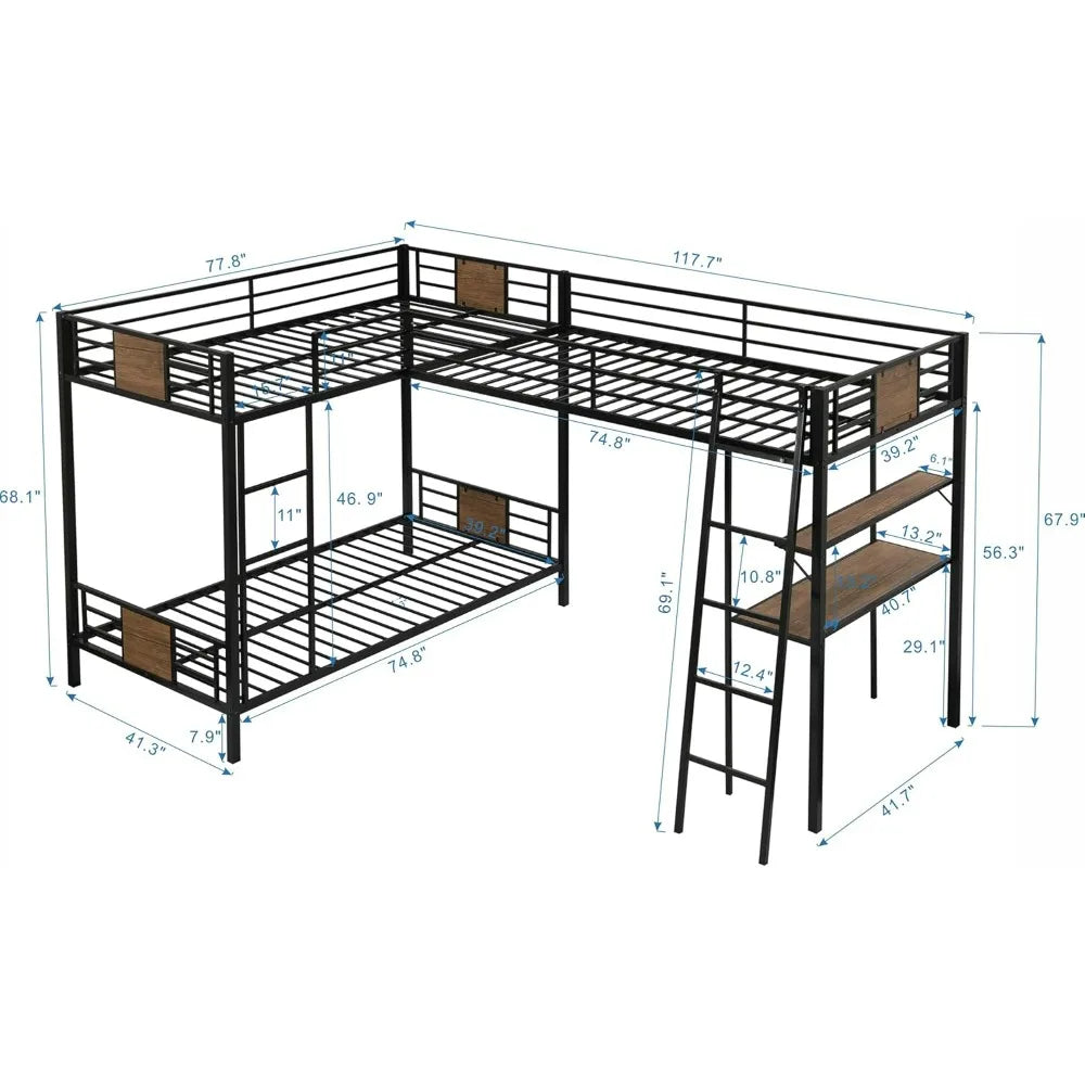 Loft Beds, L-Shaped Metal Corner Bunk Bed with Two Ladders, Twin Over Twin Bunk Bed with Twin Loft Bed W/Desk and Shelf, Beds