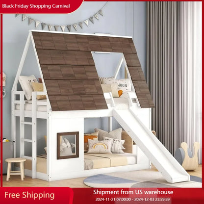 Lit superposé Twin Over Twin House avec toit et fenêtre Lit superposé bas en bois avec toboggan et échelle intégrée Cadre de lit superposé pour enfants