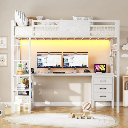 Lit mezzanine double avec bureau en L, cadre de lit double en métal avec lumières LED et station de charge, 3 tiroirs en tissu, étagères à 2 niveaux