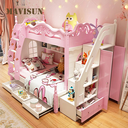 Preciosa litera de princesa para niñas y niños en madera maciza rosa, cama alta y baja, cama multifuncional para madres y adultos