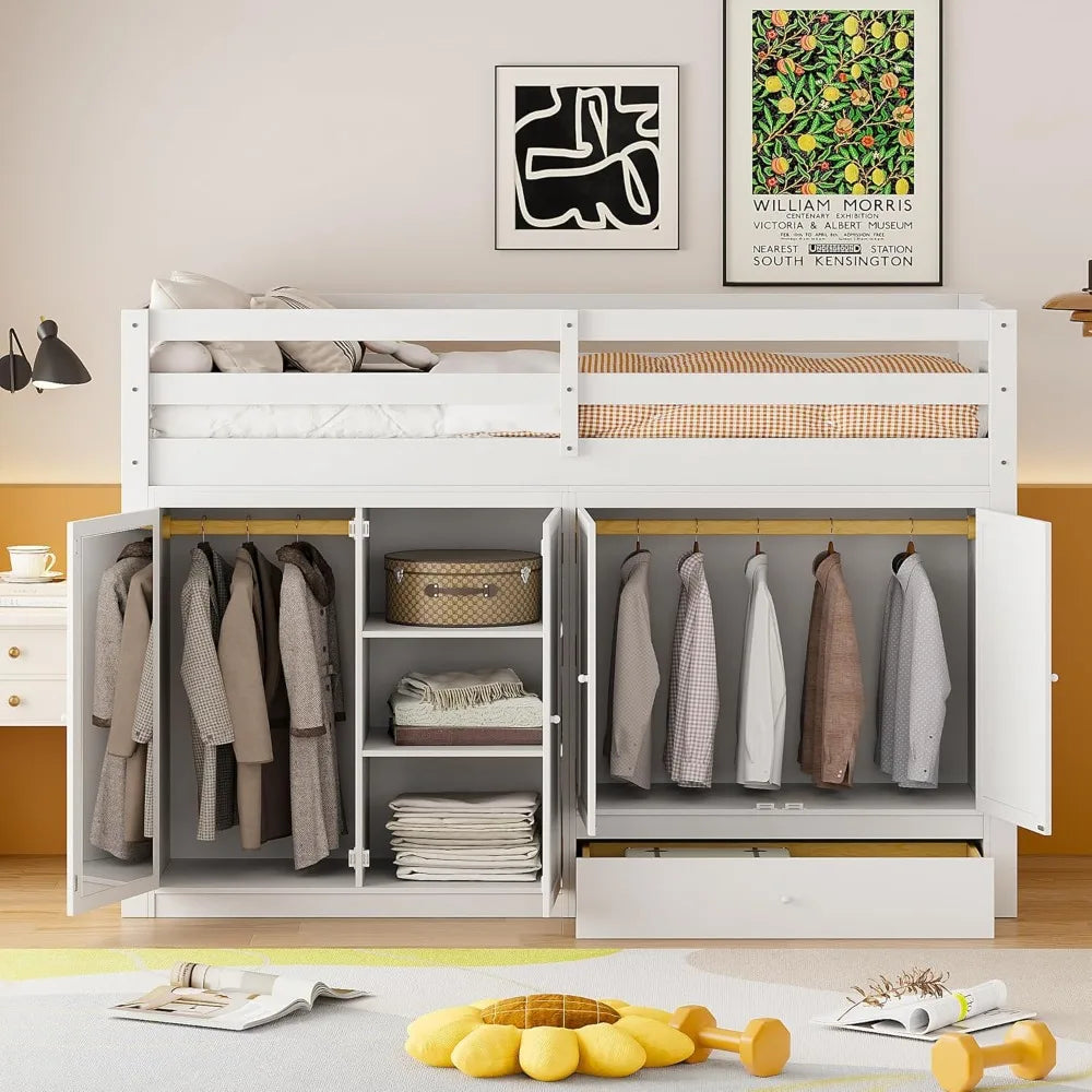 Twin Size Loft Bed with 2 Wardrobes and Mirror, Twin Loft Bed Frame with Storage Drawers, Bedroom, No Box Spring Needed, Beds