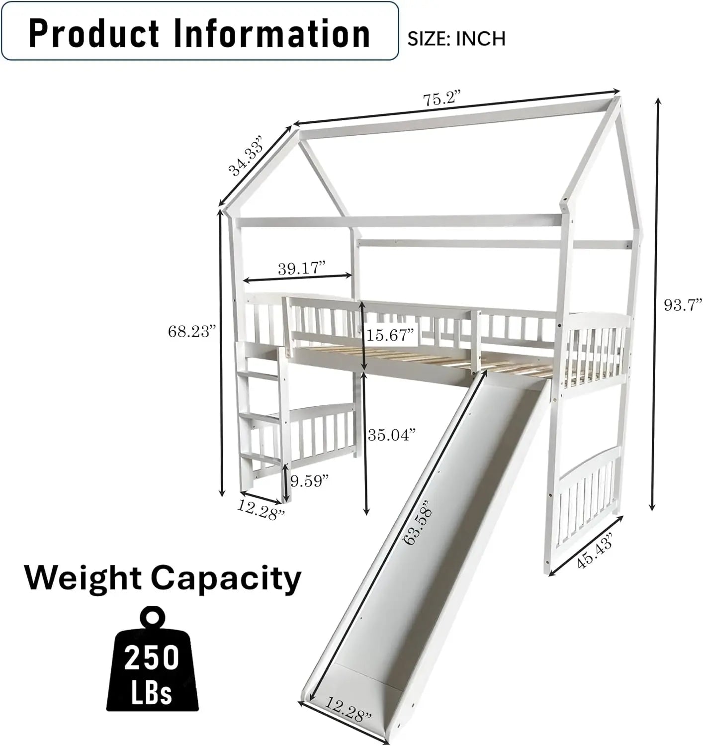 Cama alta tamaño doble con tobogán y escalera, estructura de cama de madera de pino macizo con forma de casa y barandilla de seguridad para niños, adolescentes y niñas.