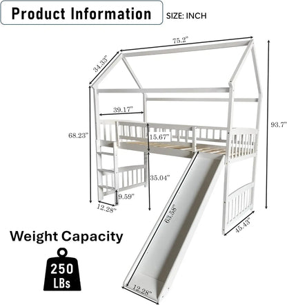 Lit mezzanine double avec toboggan et échelle, cadre de lit en bois de pin massif en forme de maison avec garde-corps de sécurité pour enfants, adolescents, filles,