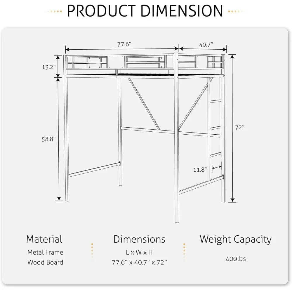 Cama alta de metal con dos camas individuales, escaleras y barandilla de longitud completa, ahorra espacio, para niños y adultos, sin ruido, color negro