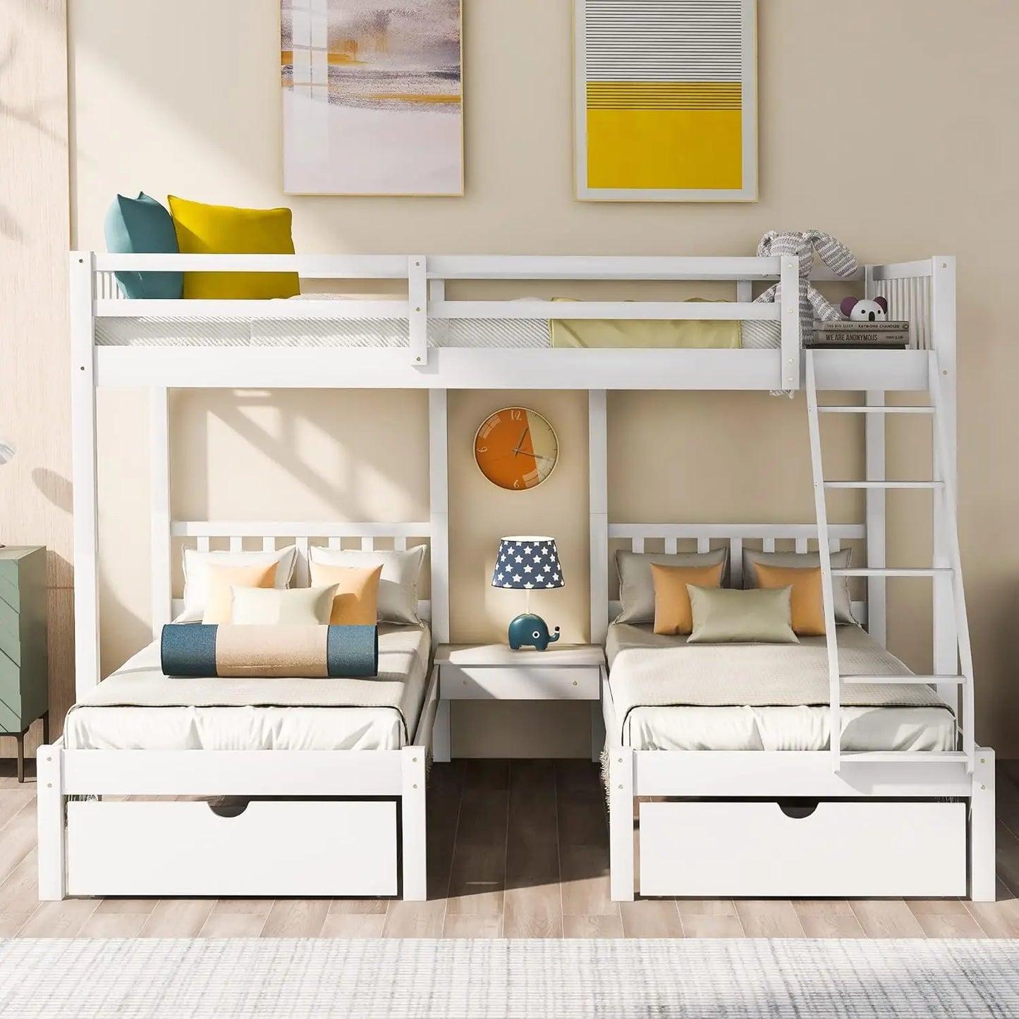 Triple Bunk Bed Full Over Twin &Twin Bunk Beds for 3, Wooden Triple Beds Frame with Drawers and Guardrails for Kids,Teens, Adult