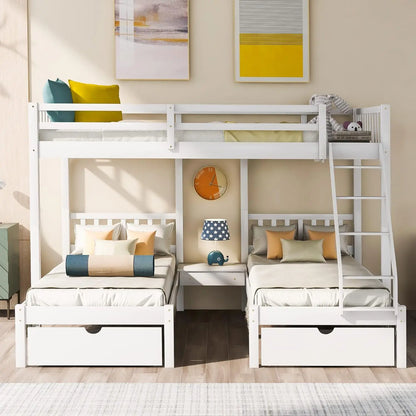 Litera triple completa sobre literas individuales y individuales para 3, estructura de cama triple de madera con cajones y barandillas para niños, adolescentes y adultos