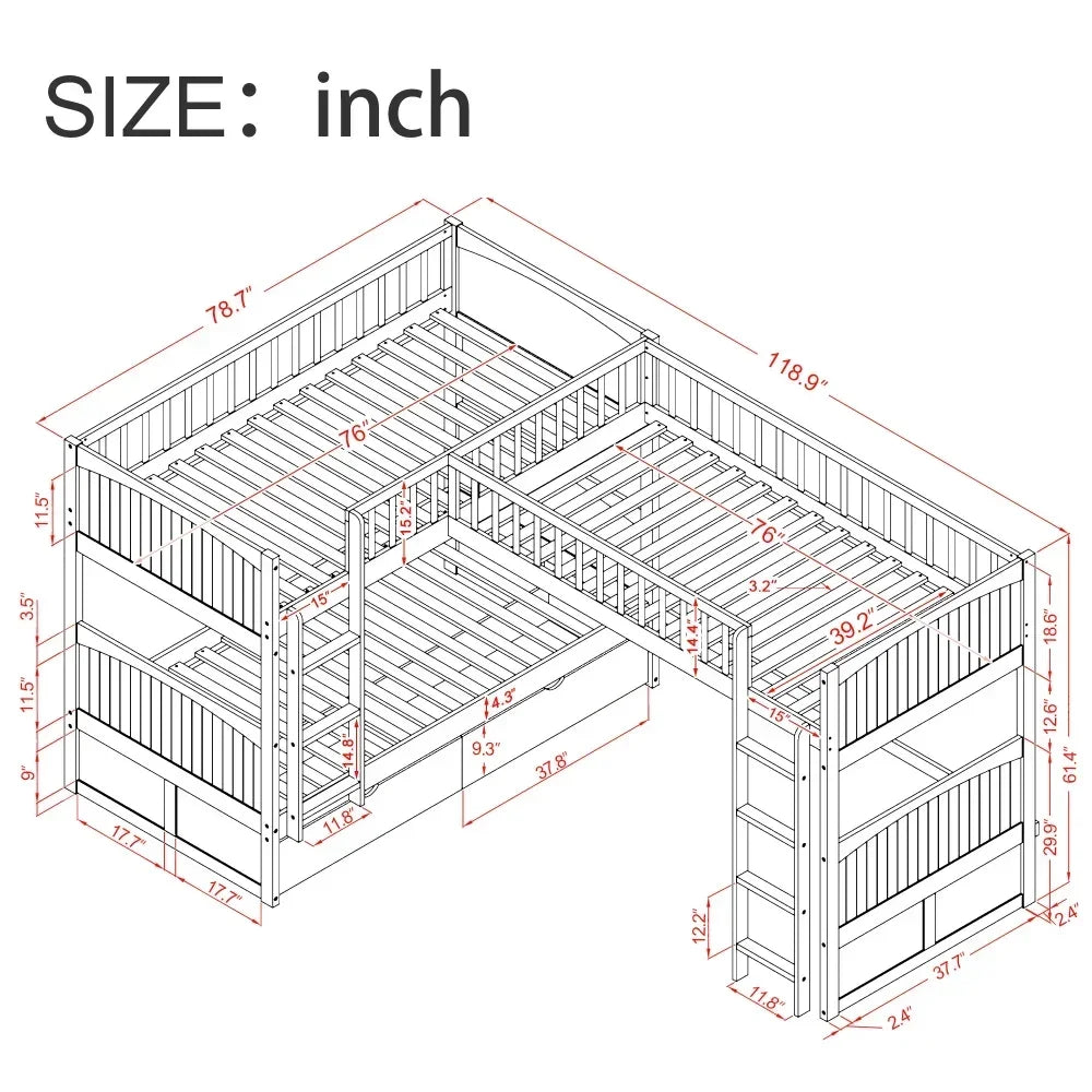 Twin Size Bunk Bed with A Loft Bed Attached,with Two Drawers,Gray Bed for Girls From 6 To 12 Years Princesses Bunk Beds for Kids