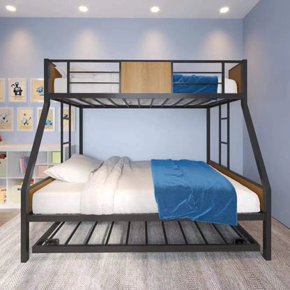 Literas dobles sobre camas matrimoniales con cama nido, estructura de cama de metal resistente con riel de seguridad y 2 escaleras laterales para niños, niñas y adultos