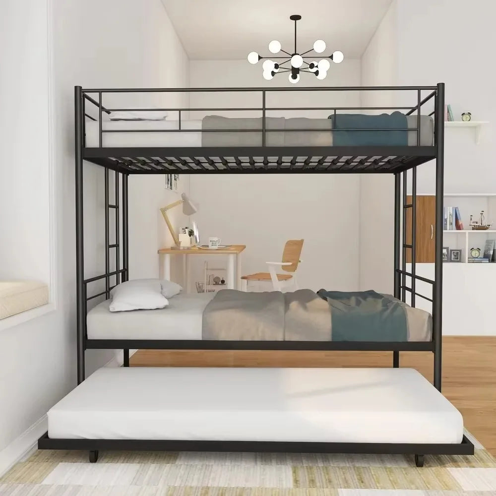 Litera doble sobre cama individual con cama nido, literas dobles para 3 niños o jóvenes, litera de metal con 2 escaleras y barandillas de longitud completa